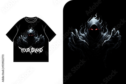 T-shirt mockup featuring a dark, hooded figure with glowing red eyes and a stylized brand name.