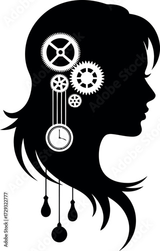 Steampunk silhouette woman head gears clockwork pendulum artistic design vector