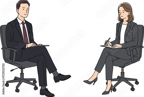 Business interview scene with professional man and woman in office chairs discussing work, holding notepads, wearing formal attire indoors
