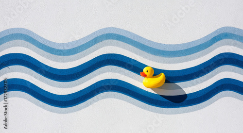 A bright yellow rubber duck floats on stylized blue waves against a white background.