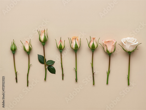 Different stages of white rose blooming on beige background
