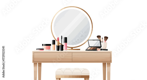 Elegant Dressing Table with Mirror and Assorted Makeup Products Displayed