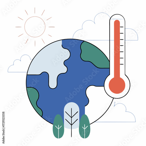 Earth with thermometer showing rising temperatures and sun with clouds in the background illustration on transparent background silhouette