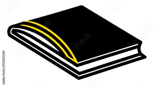 An illustration of a closed black book with yellow stripes on the spine and white pages seen at an angle on transparent background silhouette