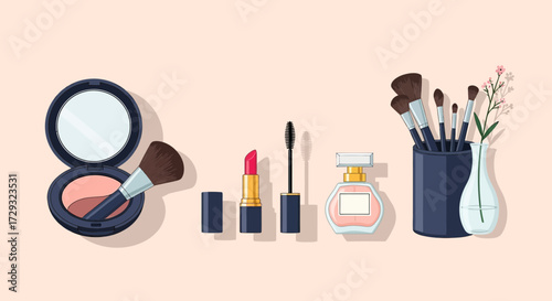Elegant Makeup Collection Displayed on Neutral Backdrop in Feminine Style