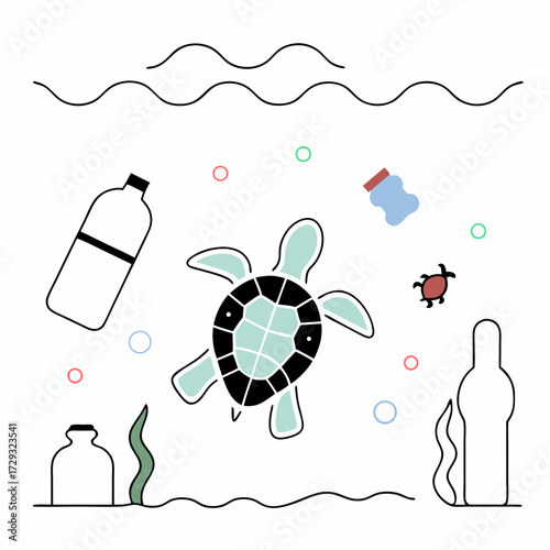 Illustration of a sea turtle swimming in an ocean polluted with plastic bottles and other debris in the water on transparent background silhouette