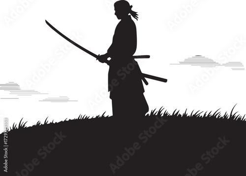 Silhouette of a skilled samurai warrior holding a sword ready for battle in a grassy field at dawn