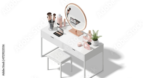 Elegant makeup vanity with mirror, brushes, and cosmetic products scene