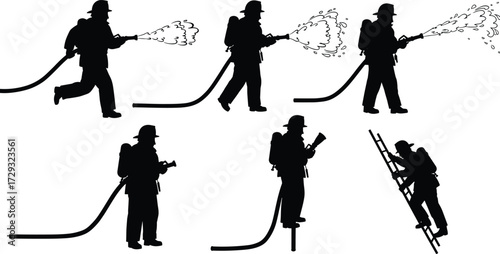 Collection of firefighter silhouettes in various poses, running, standing, spraying water with a hose, and climbing a ladder on a white background