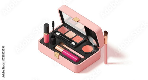 Elegant pink cosmetic case showcasing a selection of makeup and brushes