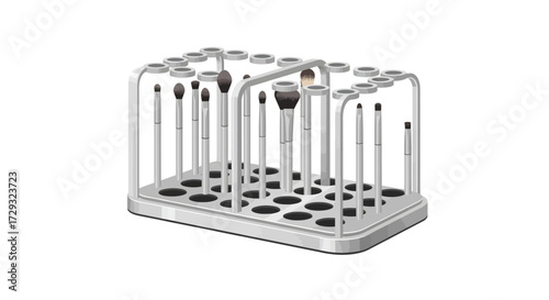 Elegant silver organizer with an assortment of beauty brushes isolated