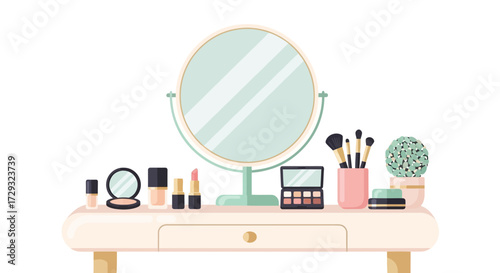 Elegant vanity setup featuring diverse makeup and beauty necessities