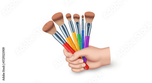 Hand Holding a Variety of Colorful Makeup Brushes for Artistic Expression