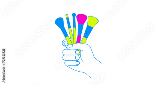 Hand Holding Vividly Colored Makeup Brushes Isolated on White Background