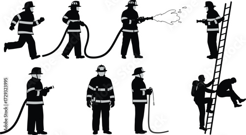 Set of firefighter silhouettes in action, running, holding a hose, spraying water, and climbing a ladder, on a white background