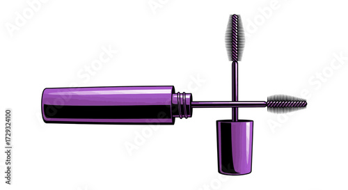 Illustrative purple mascara tube with open wand and brush for lash enhancement