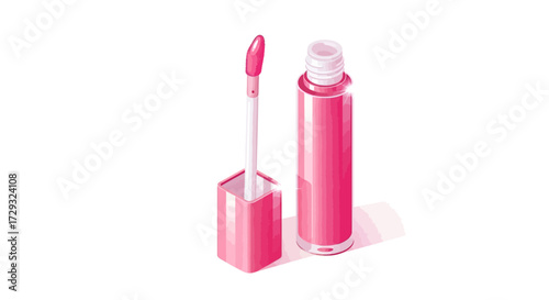 Illustrative rendering of pink lip gloss tube and applicator on white backdrop