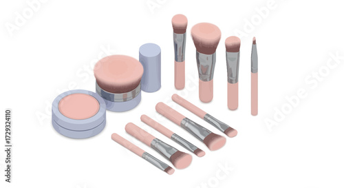Isolated assorted pastel makeup brushes and powder compact illustration