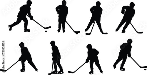 Silhouette vector illustration of ice hockey player in dynamic action poses, stick handling, puck control, sports training, competition, athletic movement, teamwork