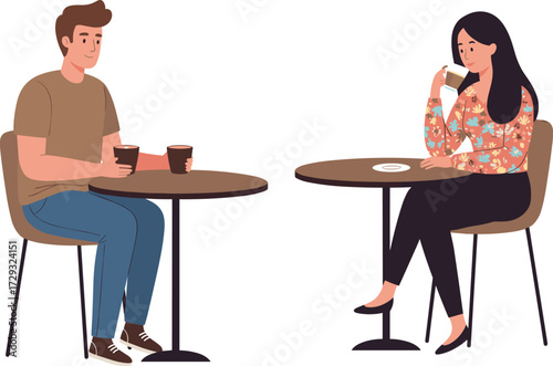 Two people enjoying coffee at separate tables in modern cafe, casual attire, relaxed mood, indoor setting, lifestyle and social interaction