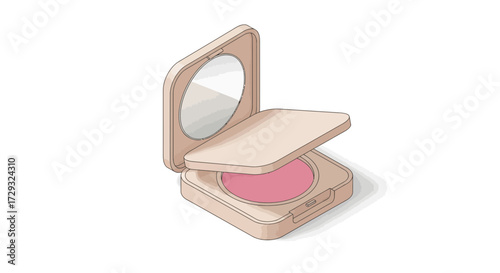 Isometric depiction of open blush compact with mirror for beauty needs