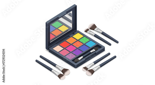 Isometric beauty palette with vibrant colors and cosmetic brushes isolated