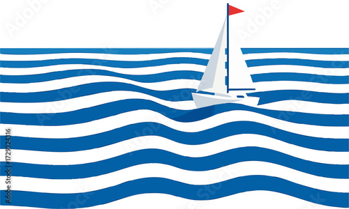 Minimal Sailboat on Striped Blue Waves Flat Vector illustration Seascape, easily editable.