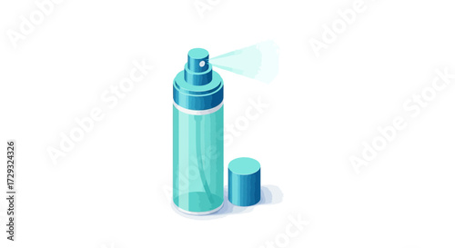 Isometric illustration of a blue spray bottle dispenses liquid for cleaning
