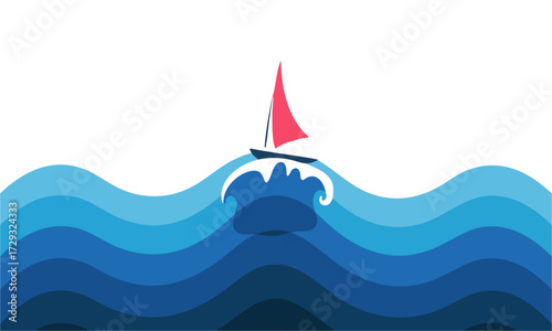 Minimal Sailboat on Striped Blue Waves Flat Vector illustration Seascape, easily editable.