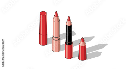 Isometric illustration of an array of colorful makeup pencils and lipstick