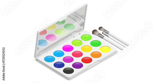 Isometric illustration of colorful eyeshadow palette and makeup brushes