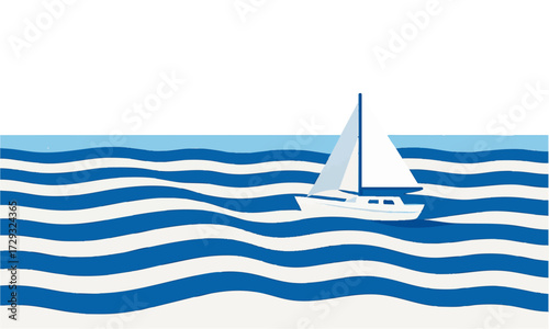 Minimal Sailboat on Striped Blue Waves Flat Vector illustration Seascape, easily editable.