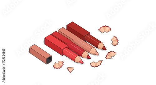 Isometric Illustration of Lipsticks and Sharpener with Wood Shavings