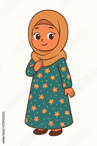 Cute hijab girl with floral dress, cartoon vector.