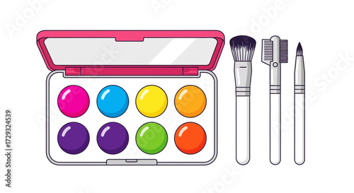 Makeup palette with bright eye shadows and brushes for professional make-up