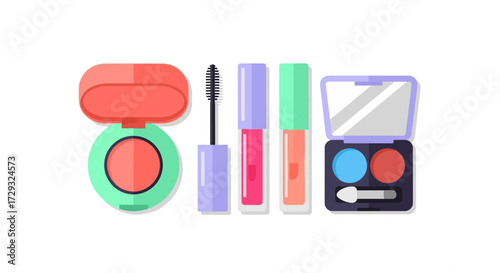 Minimalist flat lay illustration of diverse makeup products for daily beauty