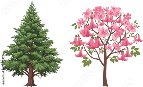 Evergreen pine tree illustration, pink cherry blossom tree vector, floral garden artwork, natural seasonal design, decorative flora, outdoor landscape, botanical element