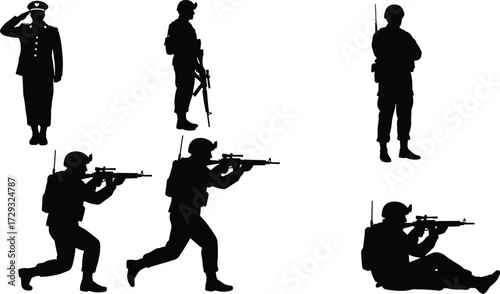 Silhouette set of soldiers in various poses, including saluting, standing, and aiming a rifle, on a white isolated background