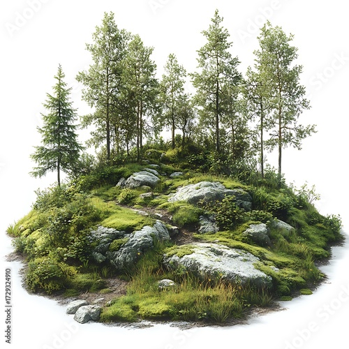Island of Tranquility: A small verdant island, abundant with lush greenery and aged stone, rises gracefully, providing a serene panorama of nature's artistry. 