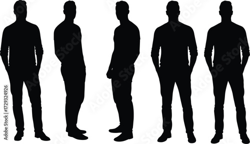 Black male silhouette standing in multiple poses with hands in pockets, fashion lifestyle vector illustration for posture, modeling, animation design