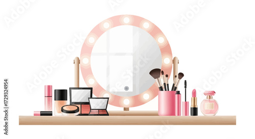 Stylish vanity setup with illuminated mirror and diverse cosmetic products