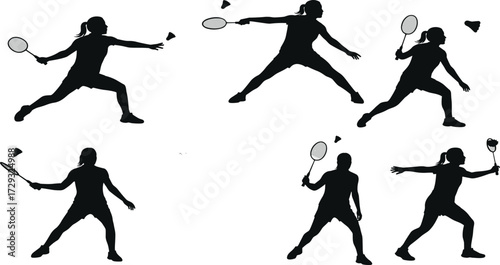 Black silhouette badminton players in action poses with shuttlecock, racket swings, sports training, competition, athletic movement, dynamic game illustration vector