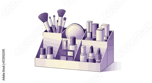 Stylized makeup organizer filled with beauty products in pastel shades