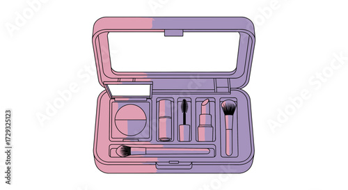 Stylized pastel makeup kit illustration with various cosmetic items