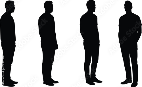 Black male silhouette standing in multiple poses with hands in pockets, fashion lifestyle vector illustration for posture, modeling, animation design