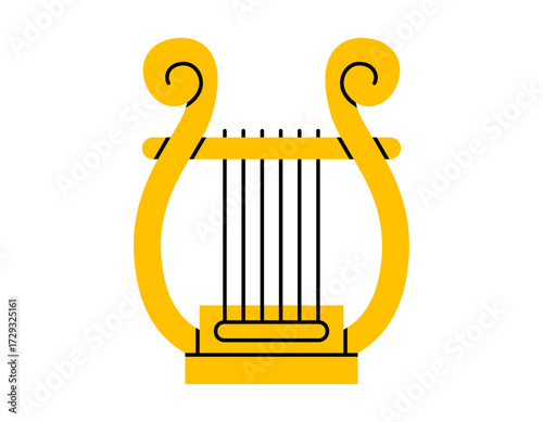 Hand drawn cute illustration of lyra. Flat vector harp string instrument sticker doodle. Music ancient lire. Theater of festival performance icon. Greek culture concept. Isolated.