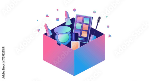 Vibrant gradient box filled with cosmetic essentials for beauty routines
