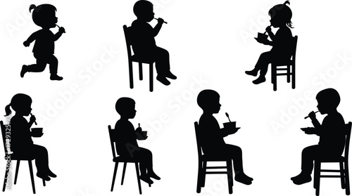 Black silhouette children sitting on chairs eating food with bowls and spoons, one child running playfully, concept of mealtime activity