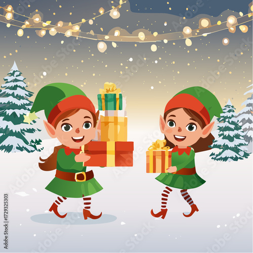 Elves carrying stacks of presents through a snowy forest with golden fairy lights glowing softly around.