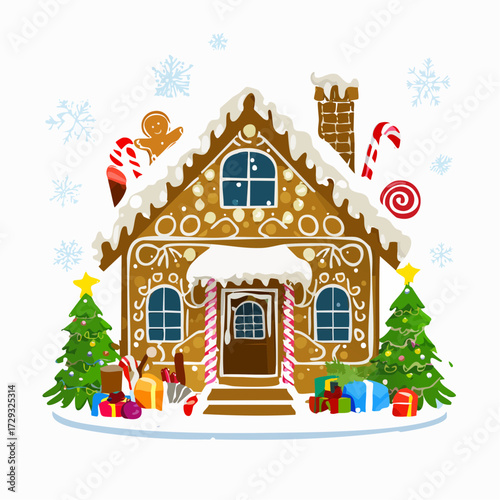 A beautifully decorated gingerbread house surrounded by sugar snow, colorful candies, and chocolate bars.